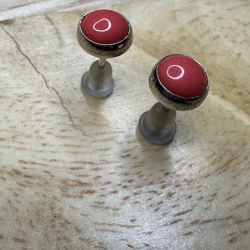 Sterling Silver Bezel Set Red Coral Stud Earrings 925 Gemstone - Picture 3 of 5